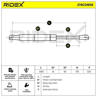 Gas Spring, boot-/cargo area RIDEX 219G0858 219G0858 - photo 6