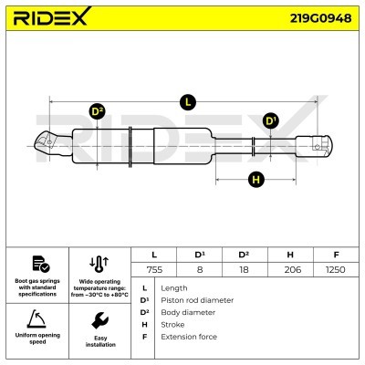 Gas Spring, boot-/cargo area RIDEX 219G0948 219G0948 - photo 6