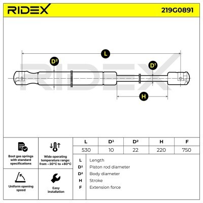 Gas Spring, boot-/cargo area RIDEX 219G0891 219G0891 - photo 6