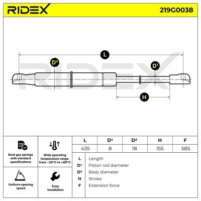 Gas Spring, boot-/cargo area RIDEX 219G0038 219G0038 - photo 6