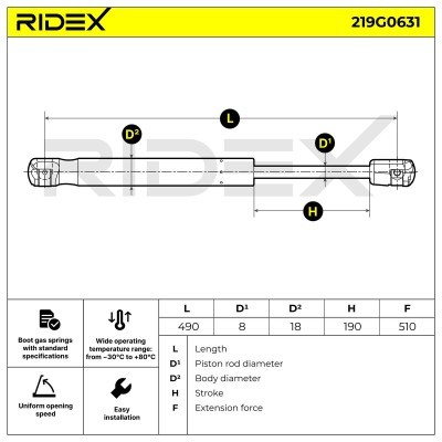 Gas Spring, boot-/cargo area RIDEX 219G0631 219G0631 - photo 7
