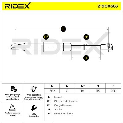 Gas Spring, boot-/cargo area RIDEX 219G0663 219G0663 - photo 6