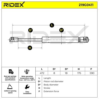 Gas Spring, boot-/cargo area RIDEX 219G0411 219G0411 - photo 7