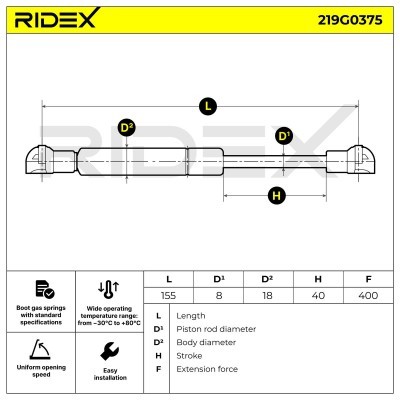 Gas Spring, boot-/cargo area RIDEX 219G0375 219G0375 - photo 8