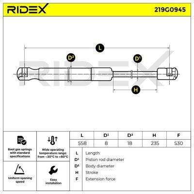 Gas Spring, boot-/cargo area RIDEX 219G0945 219G0945 - photo 6