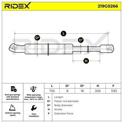 Gas Spring, boot-/cargo area RIDEX 219G0266 219G0266 - photo 6