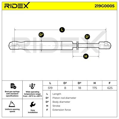 Gas Spring, boot-/cargo area RIDEX 219G0005 219G0005 - photo 4