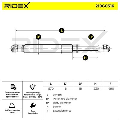 Gas Spring, boot-/cargo area RIDEX 219G0316 219G0316 - photo 6