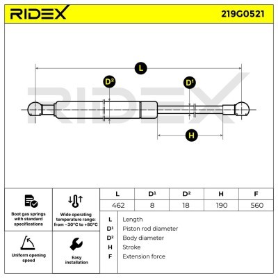 Gas Spring, boot-/cargo area RIDEX 219G0521 219G0521 - photo 7