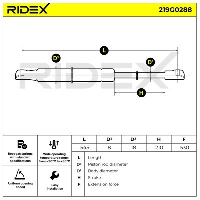 Gas Spring, boot-/cargo area RIDEX 219G0288 219G0288 - photo 6