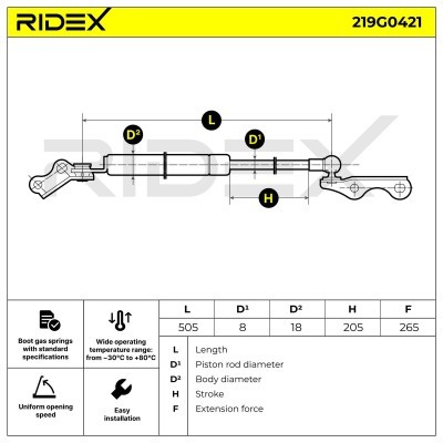 Gas Spring, boot-/cargo area RIDEX 219G0421 219G0421 - photo 6