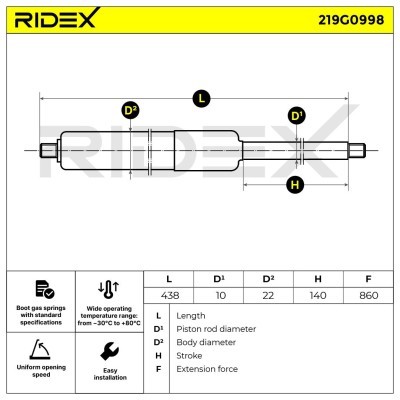 Gas Spring, boot-/cargo area RIDEX 219G0998 219G0998 - photo 6