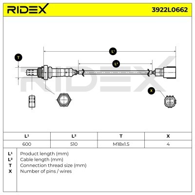 Lambda (Oxygen) Sensor RIDEX 3922L0662 3922L0662 - photo 3