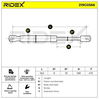 Gas Spring, boot-/cargo area RIDEX 219G0566 219G0566 - photo 6