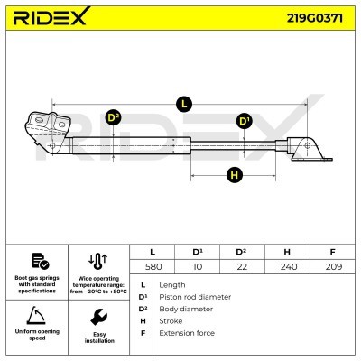 Gas Spring, boot-/cargo area RIDEX 219G0371 219G0371 - photo 3