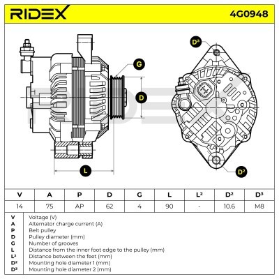 Alternator RIDEX 4G0948 4G0948 - photo 6
